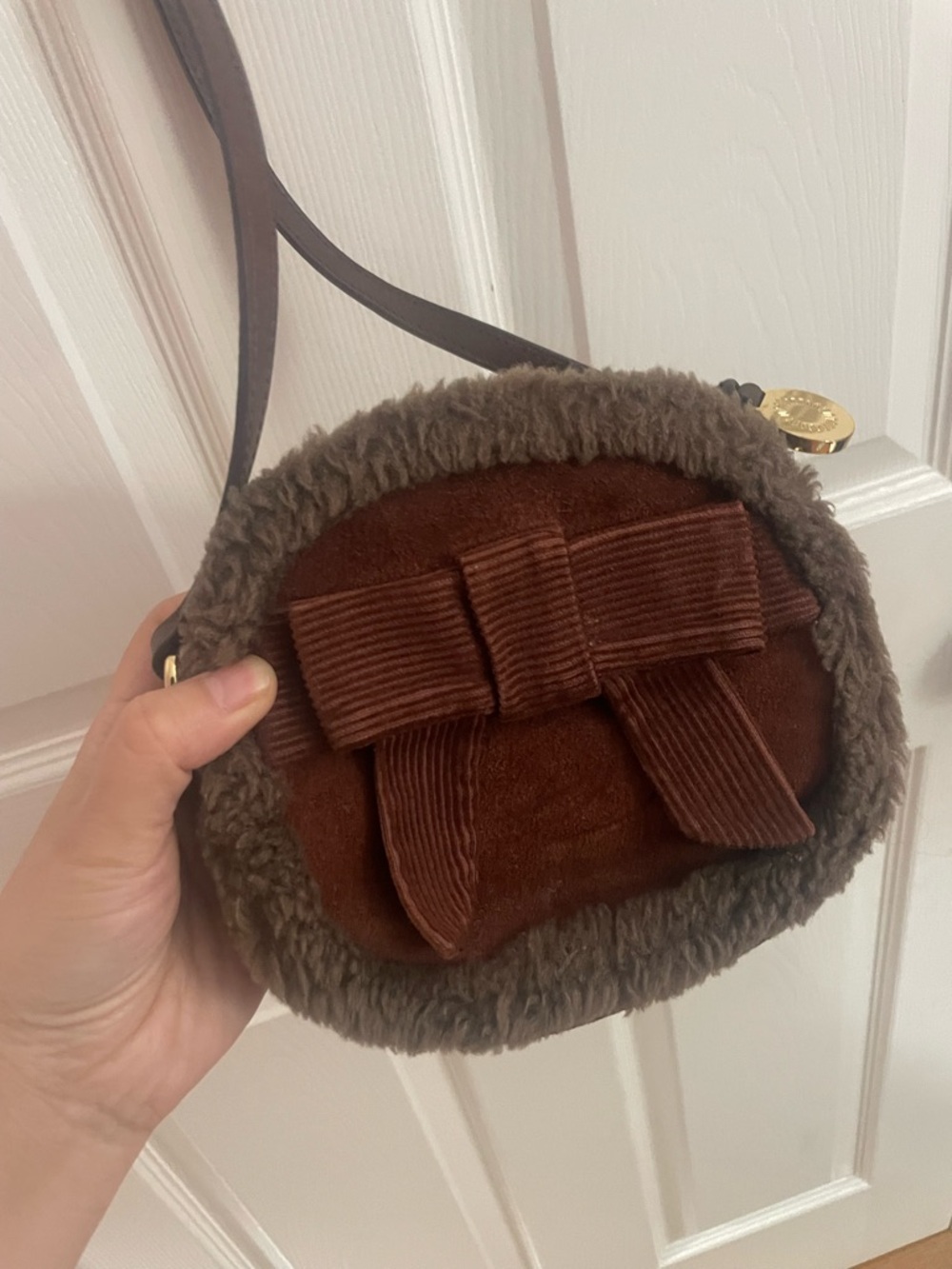 UGG Brown Faux-Shearling Round Crossbody with Corduroy Bow